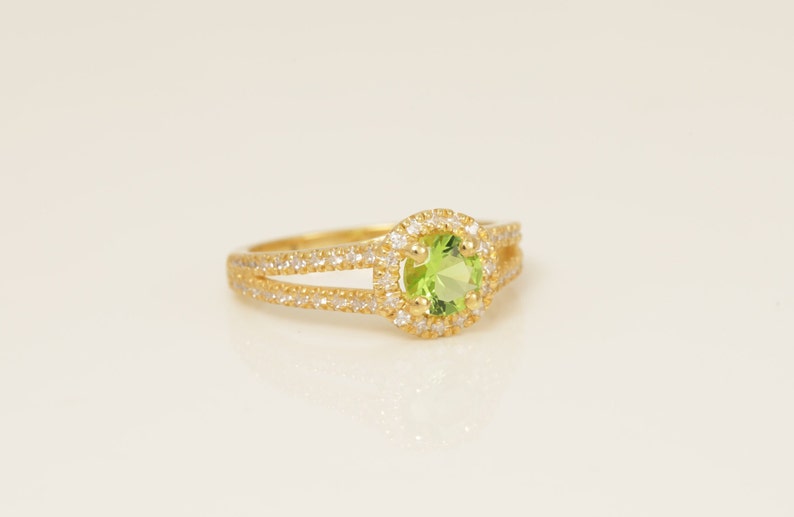 Split Shank Peridot Engagement Ring, July Birthstone Ring, Round Diamond Halo Anniversary Ring, Bridal Promise Ring
